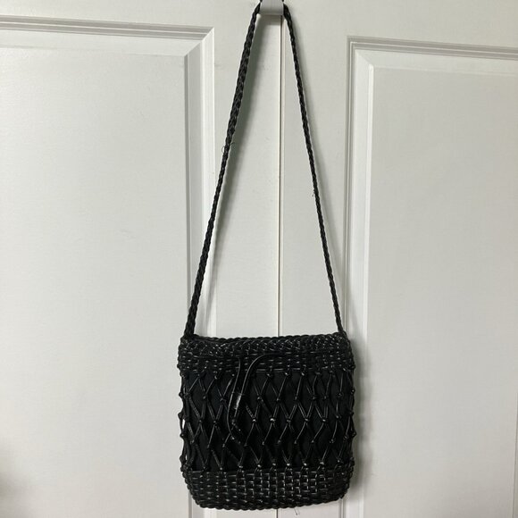 Vintage Talbots Woven Leather Netted Bucket Bag Black Womens Tote Crossbody - Picture 1 of 13